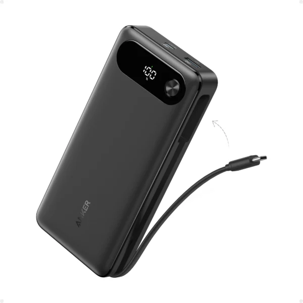 Anker 20 000 mAh power bank with integrated USB‑C cable connected to a smartphone.