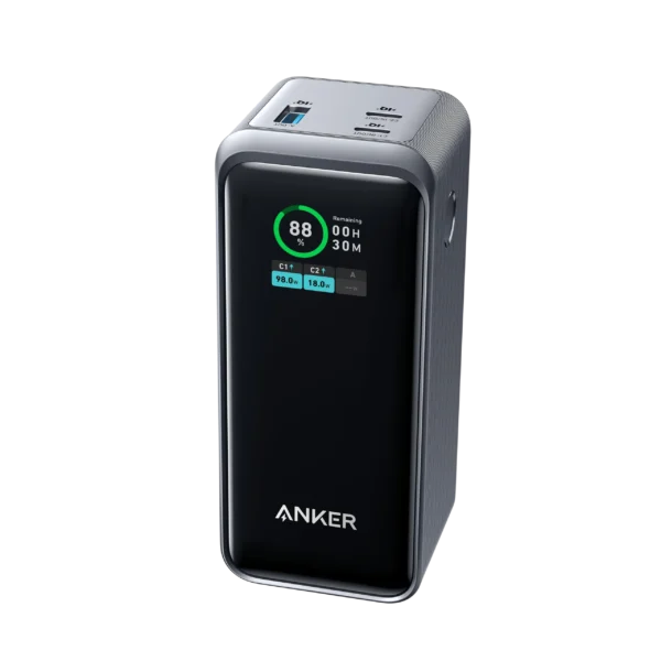 Anker Prime 20 000 mAh power bank showing two USB‑C ports and charging status LEDs.