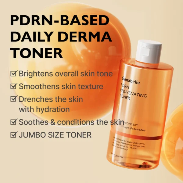 Bottle of Genabelle PDRN Rejuvenating Toner with light blue fluid and dropper