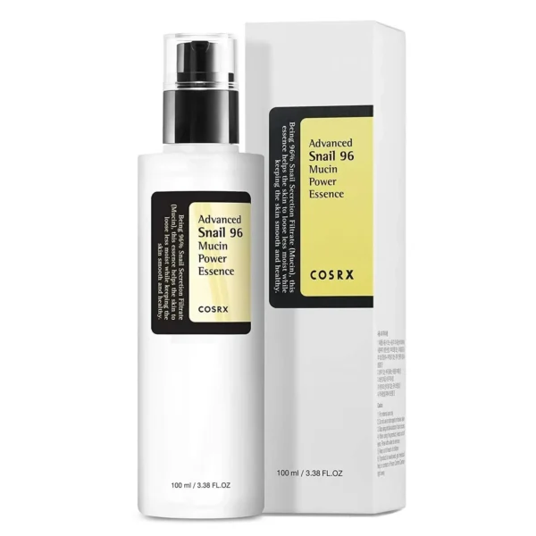 COSRX Advanced Snail 96 Mucin Power Essence bottle with clear snail mucin gel, highlighted text and hydrated skin visual.