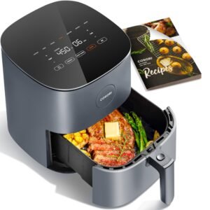 Cosori Pro II Smart Air Fryer showing digital touchscreen and large square basket on kitchen countertop
