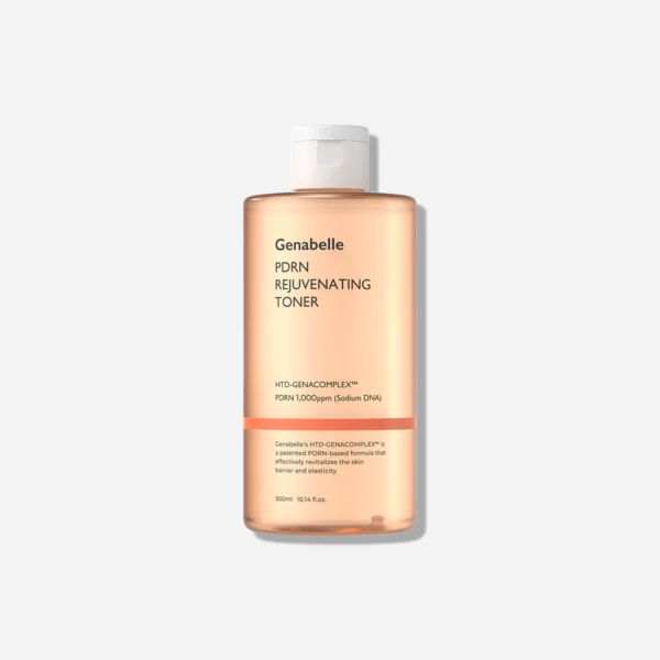 Bottle of Genabelle PDRN Rejuvenating Toner with light blue fluid and dropper