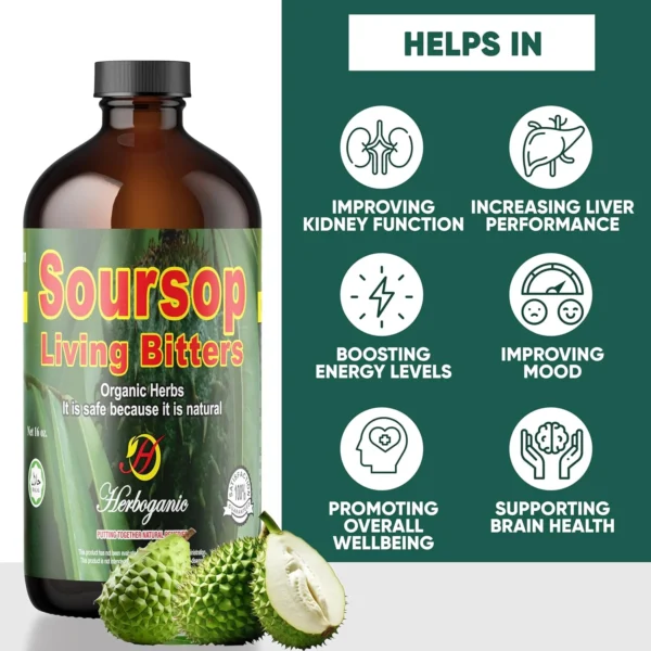 Herboganic Soursop Living Bitters 16 oz is a natural herbal tonic designed to support digestive health, detoxification, and overall vitality
