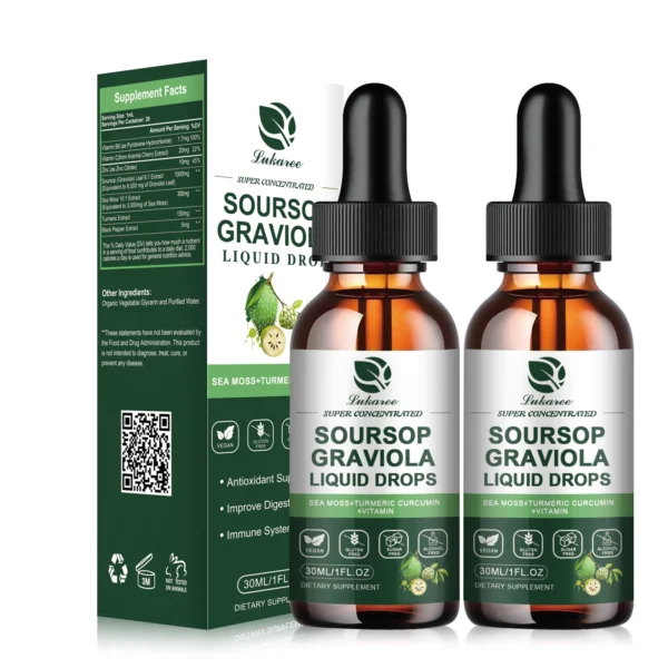Lukaree Soursop Sea Moss Liquid Drops combine soursop leaf extract with sea moss and other botanicals, offering a convenient way to support immune health, digestion, and cellular regeneration.