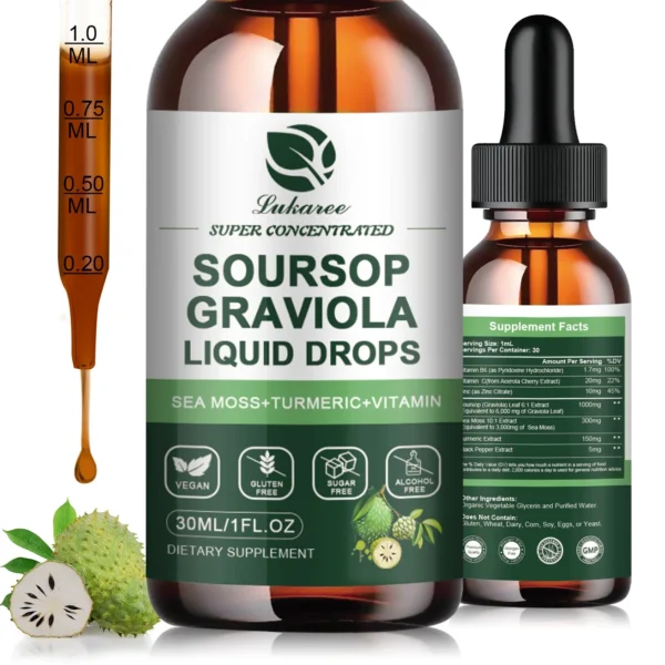 Lukaree Soursop Sea Moss Liquid Drops combine soursop leaf extract with sea moss and other botanicals, offering a convenient way to support immune health, digestion, and cellular regeneration.