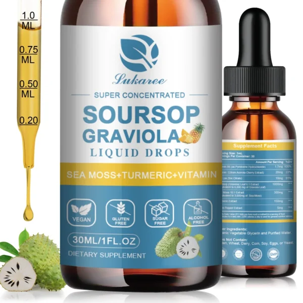 Lukaree Soursop Sea Moss Liquid Drops combine soursop leaf extract with sea moss and other botanicals, offering a convenient way to support immune health, digestion, and cellular regeneration.