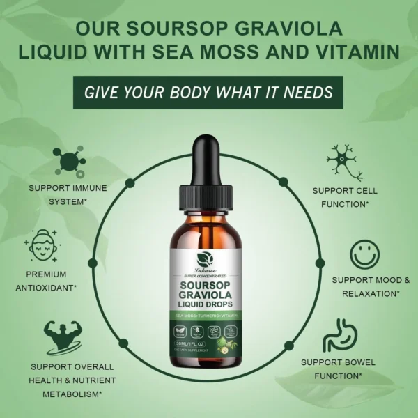 Lukaree Soursop Sea Moss Liquid Drops combine soursop leaf extract with sea moss and other botanicals, offering a convenient way to support immune health, digestion, and cellular regeneration.