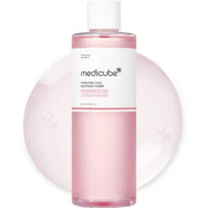Bottle of MEDICUBE PDRN Pink Peptide Soothing Toner with soft pink toner splash