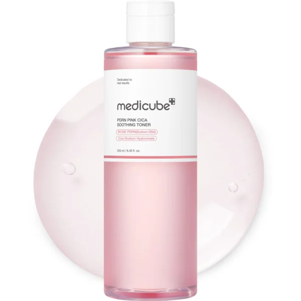 Bottle of MEDICUBE PDRN Pink Peptide Soothing Toner with soft pink toner splash