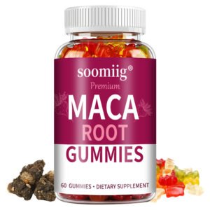 Bottle of vegan maca root gummies with colorful label and fresh maca root alongside.