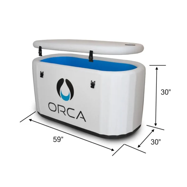 Inflated Migaloo cold plunge tub setup in a home garage