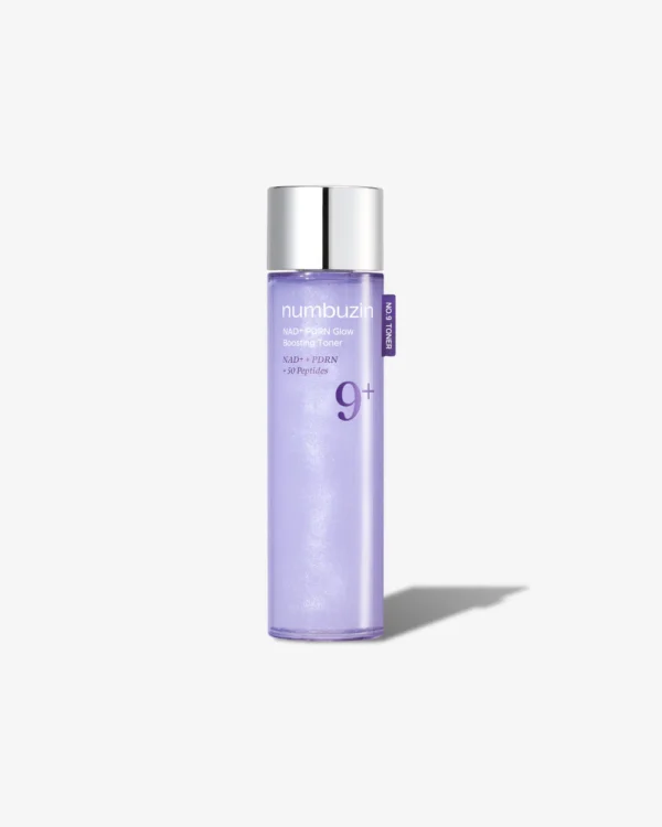 Bottle of Numbuzin No.9 Glow Boosting Toner in clear amber liquid