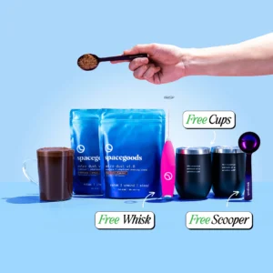 Astro Dust chocolate powder pouch beside calming evening mug.