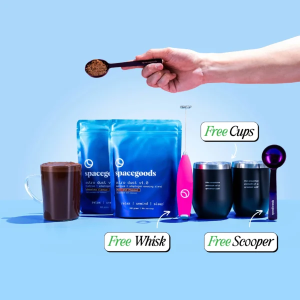 Astro Dust chocolate powder pouch beside calming evening mug.