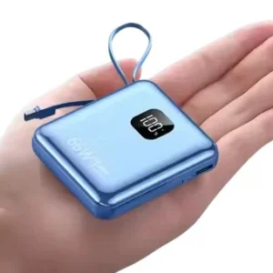 SwiftVolt Mini 20 000 mAh power bank showing built-in lightning, USB‑C, micro-USB, and USB‑A cables.